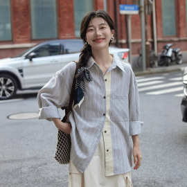【原布加工】 宽松拼接条纹长袖衬衫女秋季设计感衬衣外套早秋上