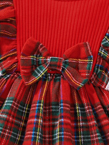 INS Baby Fashion Checkered Dress Christmas Children Long Sleeve Checkered Dress with Bow