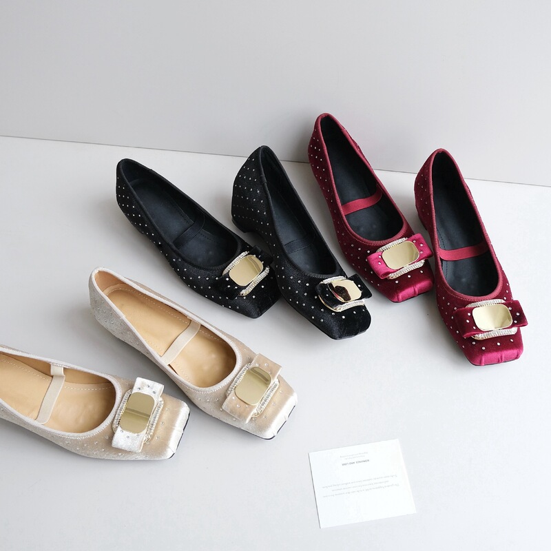 Sheepskin Version~French Square-Toe Ballet Velvet Versatile 5cm Hidden Heel Designer Style Elegant Fashion Shoes Sheepskin Version~French Square-Toe Ballet Velvet Versatile 5cm Hidden Heel Designer Style Elegant Fashion Shoes