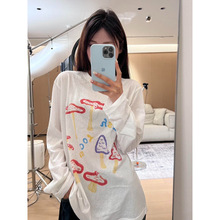 美式学院风复古蘑菇涂鸦长袖T恤女夏季ins慵懒风防晒罩衫微透上衣
