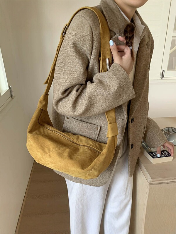 美拉德复古麂皮绒包包女秋冬质感大容量单肩包休闲通勤斜挎饺子包|undefined