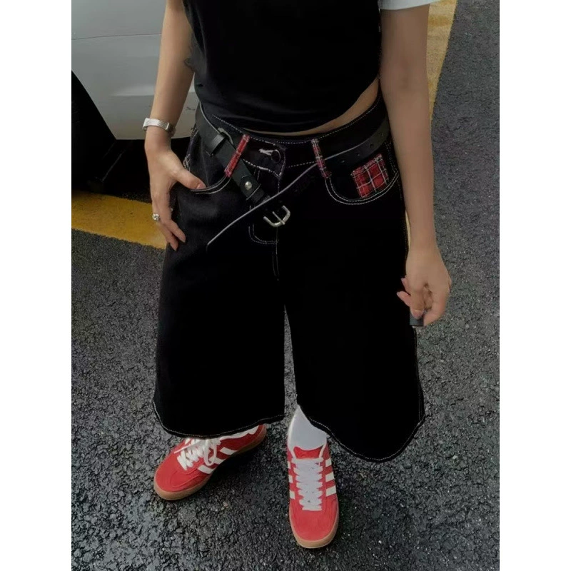 Американские высокие улицы с красными сетками джинсовые укороченные брюки женские летние новые дизайны свободные прямые брюки с широкими ножками