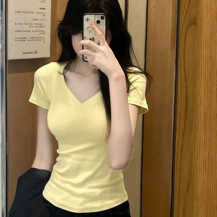40-Count Ribbed Cotton Simple Basic Style Regular Shoulder Versatile V-Neck Short-Sleeve T-Shirt for Women, Summer Slim Fit 40-Count Ribbed Cotton Simple Basic Style Regular Shoulder Versatile V-Neck Short-Sleeve T-Shirt for Women, Summer Slim Fit