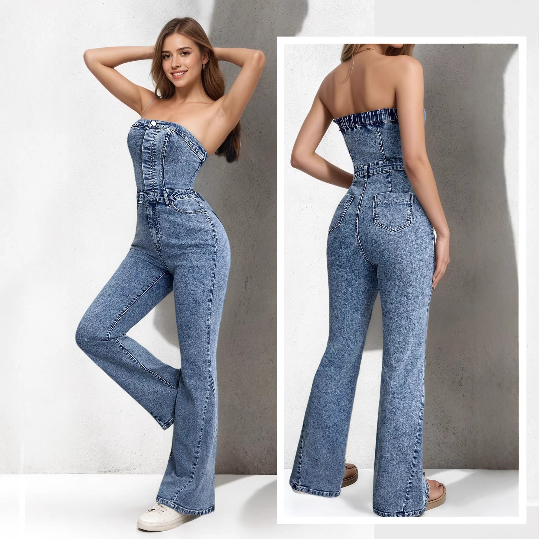 Vintage Denim Jumpsuit For Women - High-Waisted Flared Romper With Stretch, Off-Shoulder Boob Tube Design_ecoleips.com