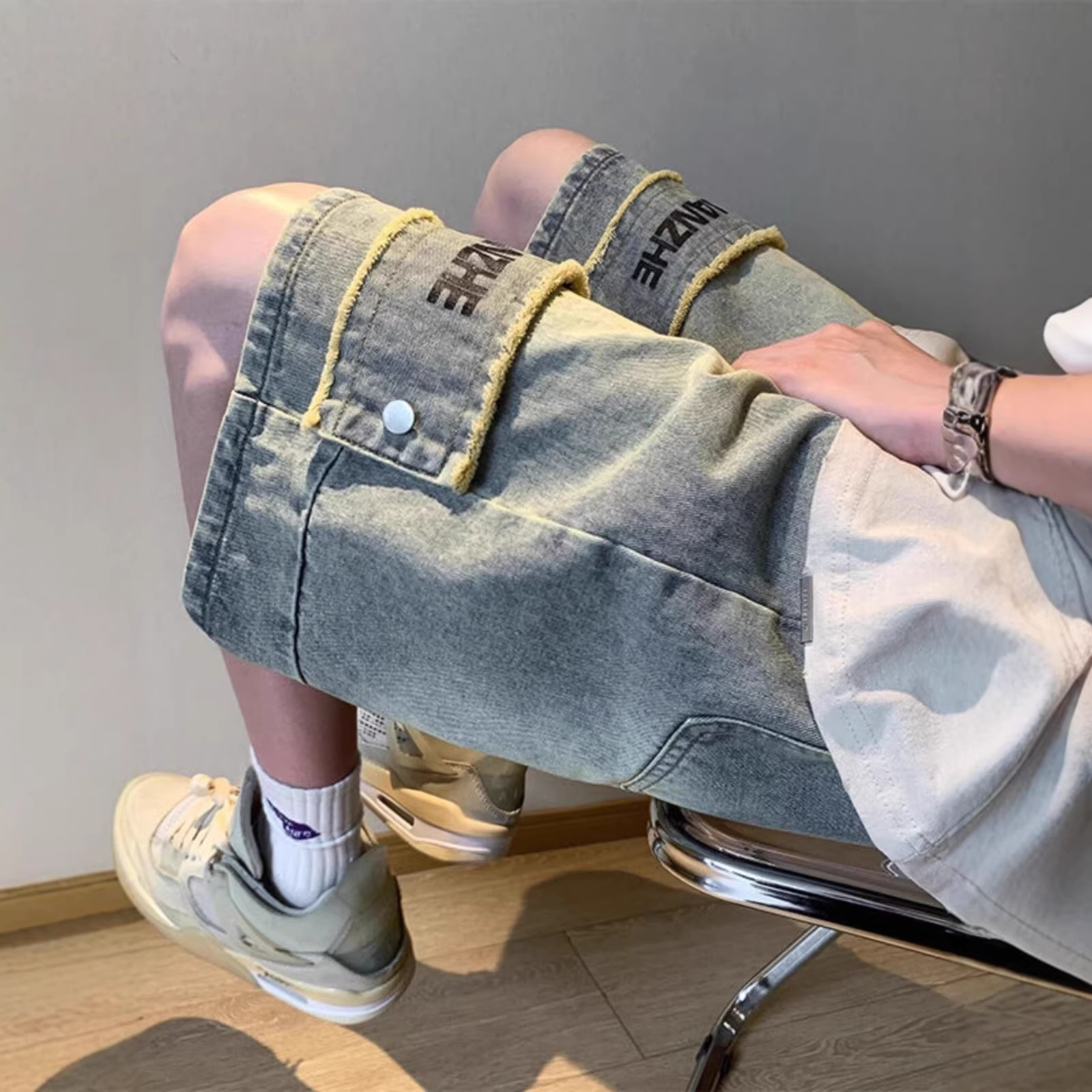 Men's Style Washed Distressed Denim Shorts Niche Design High Street Muddy Wide Leg Straight Leg Five Point Pants_mkmklike.com