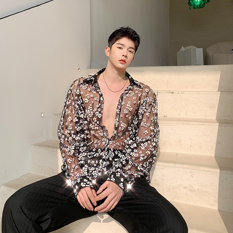 2025 Summer Design Niche Shirt Men's Cut Out Top Trendy Translucent Loose Nightclub Hairstylist Floral Shirt