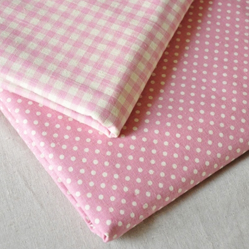 出口日韩棉麻布亚麻格子布zakka田园麻布布料桌布细棉麻粉色格子