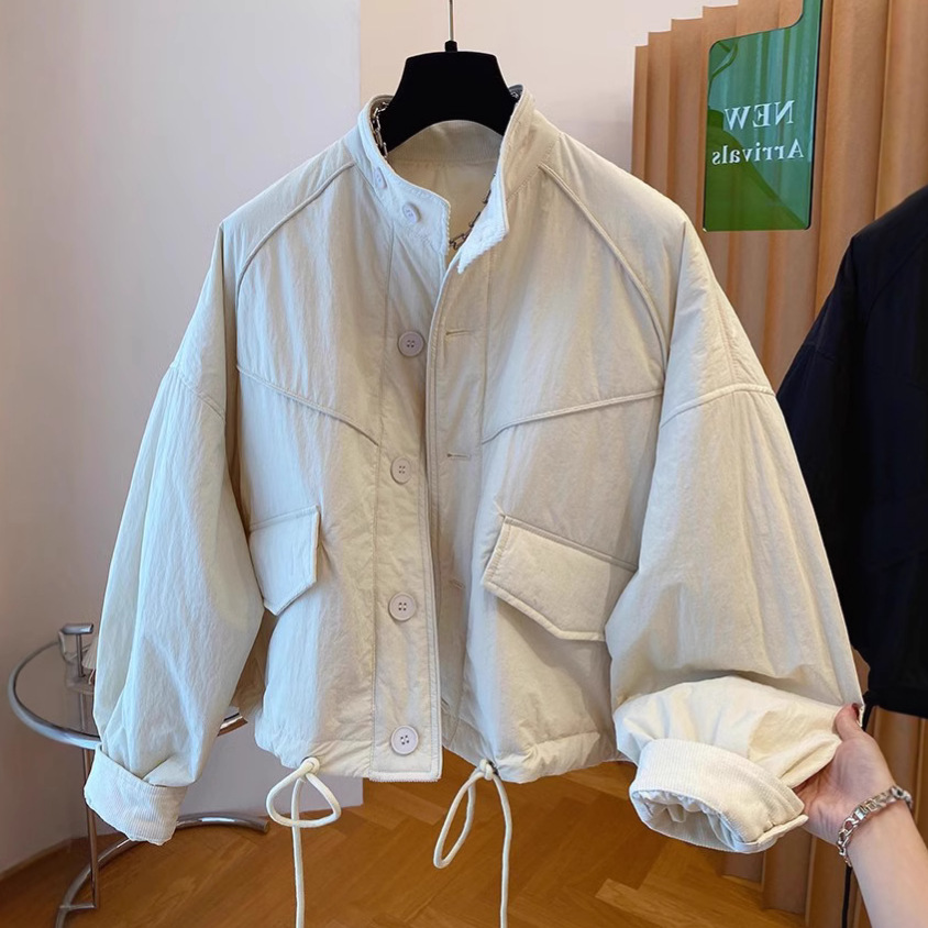 韩版时尚立领工装棉服女2024秋冬季轻薄款宽松单排扣夹棉棉衣外套