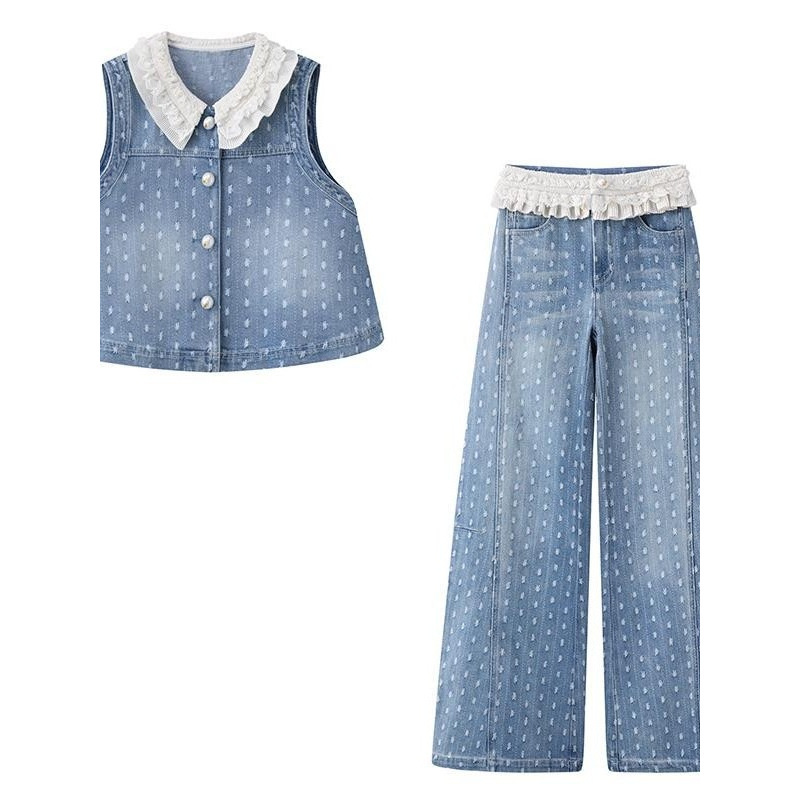 2025 Summer Retro Lace Collar Denim Vest Patchwork Waist Frayed Blue Jeans Wide Leg Trousers Suit Women 2025 Summer Retro Lace Collar Denim Vest Patchwork Waist Frayed Blue Jeans Wide Leg Trousers Suit Women