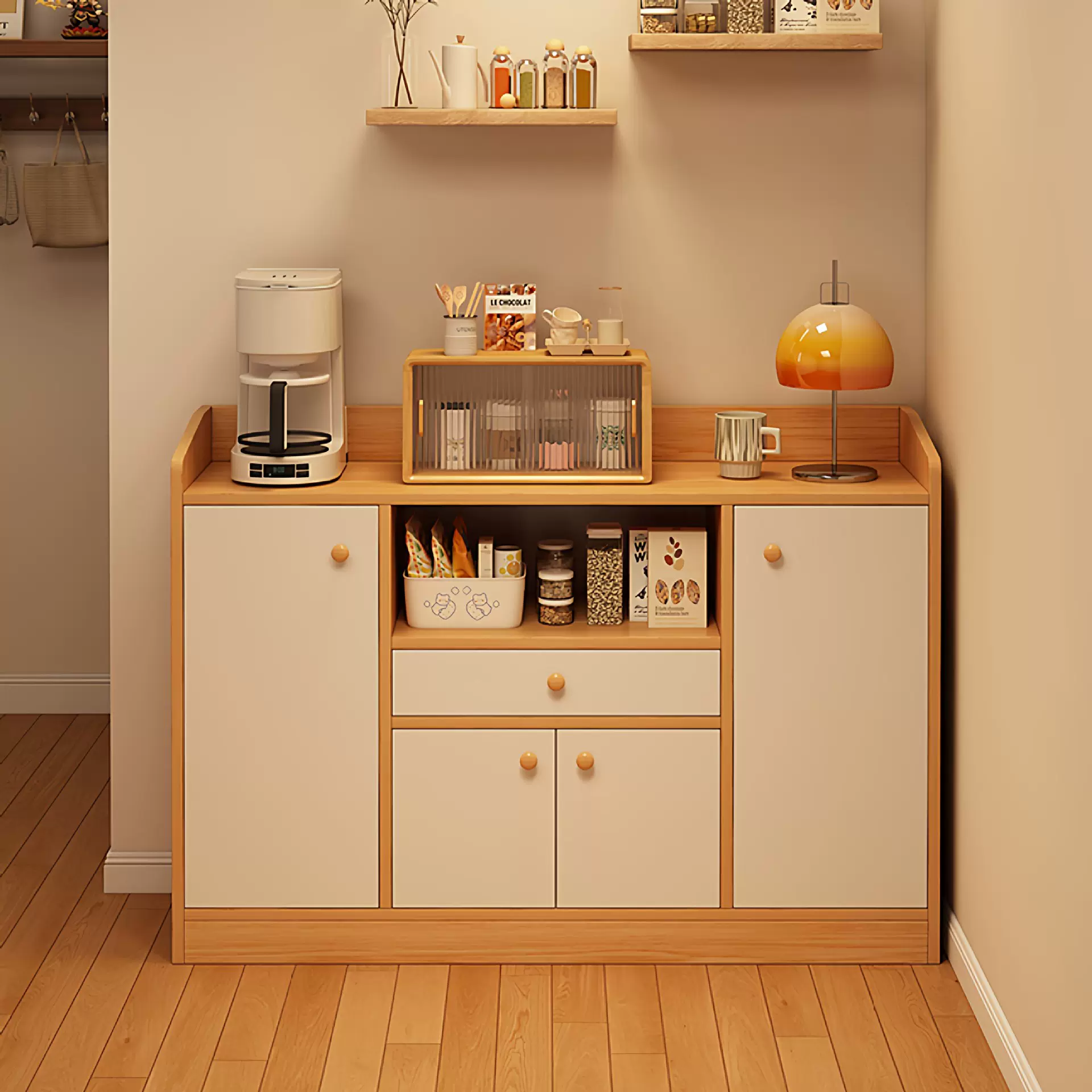 实木餐边柜靠墙一体储物柜厨房橱柜家用客厅茶水柜收纳柜子置物柜