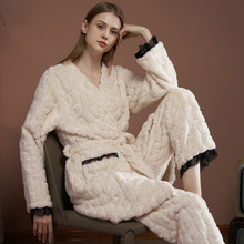 珊瑚绒提花中长款睡衣女冬季新款加厚保暖两件套系带家居服可外穿
