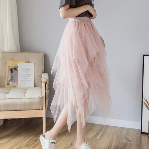 Summer Irregular Mesh Skirt, Mid-Length, High-Waisted, Slimming A-Line, Fairy-Like Fluffy Design