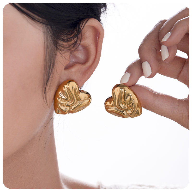 TENA INS estilo europeo 18K oro exagerado gran amor en forma de corazón pernos de acero inoxidable agua ondulada joyas pendientes de corazón de桃ar