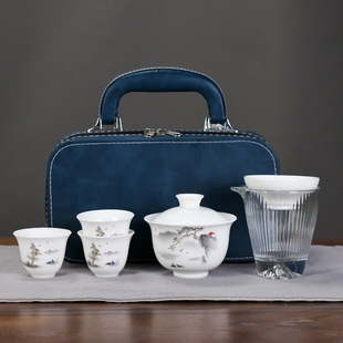 White Porcelain Fat Jade Lidded Bowl Travel Tea Set Outdoor Car Portable Small Set Quick Cup Souvenir Business Gift