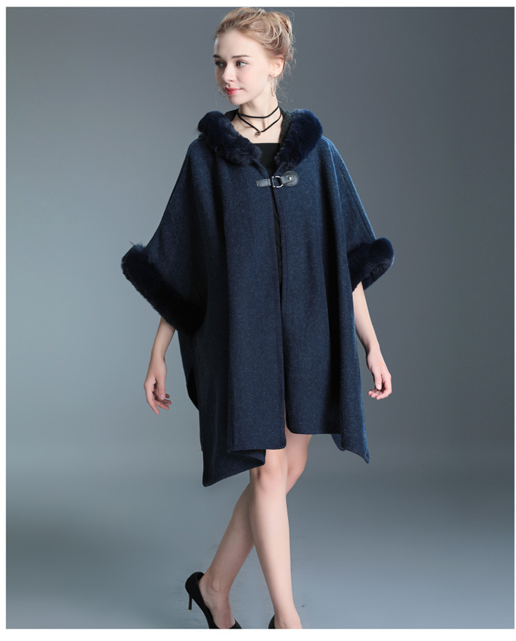 Pelzkragen Kapuzenumhang Umhang große Größe Wollmantel lose Strickjacke Frau_voghion.com