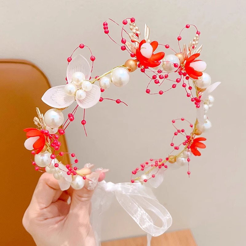 Guirnaldas de niños princesa joyeros de cabello super niña flores perlas flotantes tocado dulce mariposa banda de cabello roja