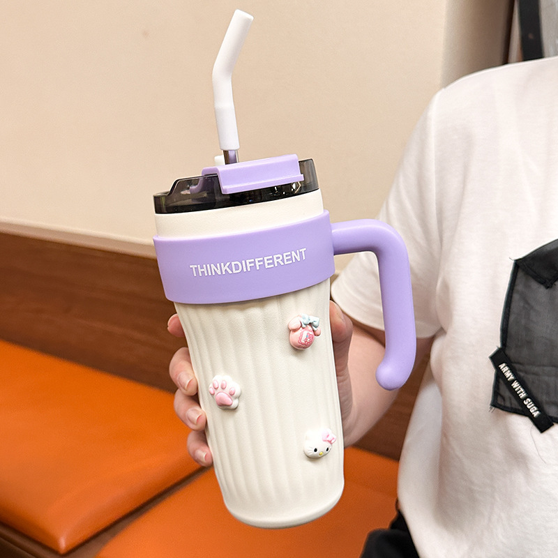 高颜値保温カップストロー付き女子シンプル学生カップinsネット赤斜めショルダーカップ大容量携帯|undefined