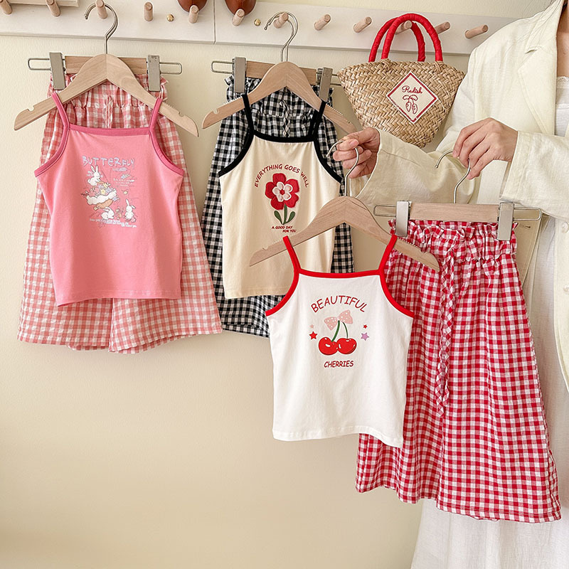 Girls' Summer suit Sling Vest T-shirt Sweet Soft Cotton Wide Leg Pants Baby Girls' Bow Plaid Pants