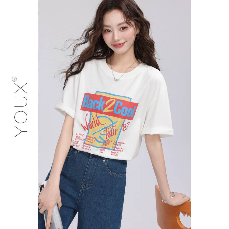 又巷【港岛暮色】字母印花短袖t恤女2025夏新款复古时尚百搭上衣|undefined