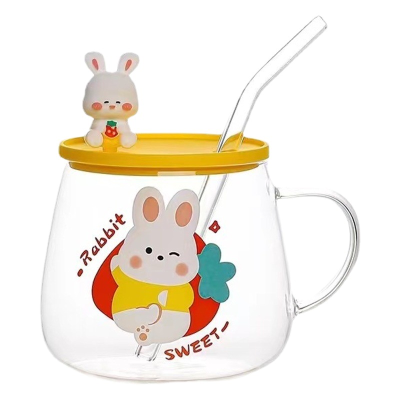 Creativo lindo conejo de dibujos animados de vidrio taza de agua regalo personalizado taza de paja de alto aspecto simple muñeca taza