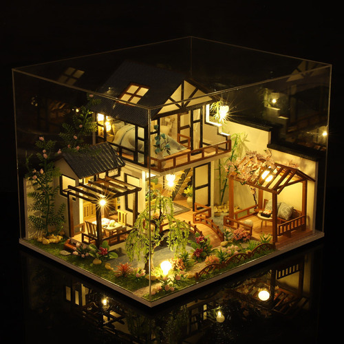 Retro Chinese style diy cabin Zhuxi Water Garden wooden hand-assembled national style courtyard villa model creative gift