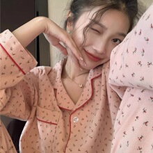 粉色碎花睡衣女春秋长袖网红风韩国东大门甜美少女家居服套装外贸
