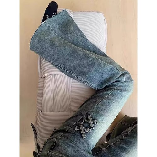 Vintage Blue Double Button Slim Fit Women's Spring and Autumn 2025 Design-Savvy Slimming Elastic Flare Pants