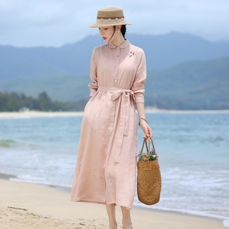2025 High-end Heavy Industry Embroidered Linen dress Women's Artistic Belt Elegant Shirt Skirt All-match Jacket 2025 High-end Heavy Industry Embroidered Linen dress Women's Artistic Belt Elegant Shirt Skirt All-match Jacket
