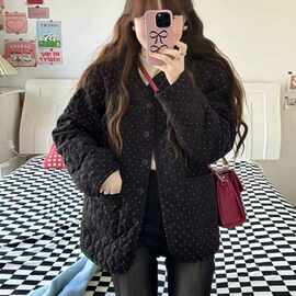 韩系设计感黑色菱格波点棉服外套女款冬季洋气保暖宽松中长款棉衣