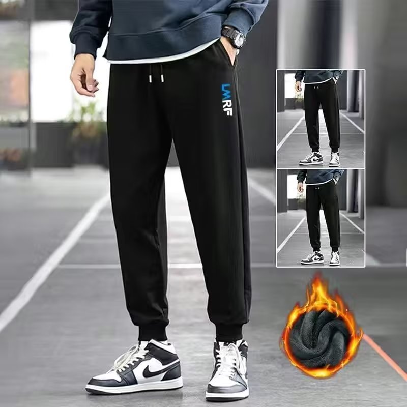 Pantalones de chándal forrados de lana de primavera y otoño para hombres de color sólido rectos delgados estilo coreano popular ins populares Pantalones deportivos casuales comercio exterior