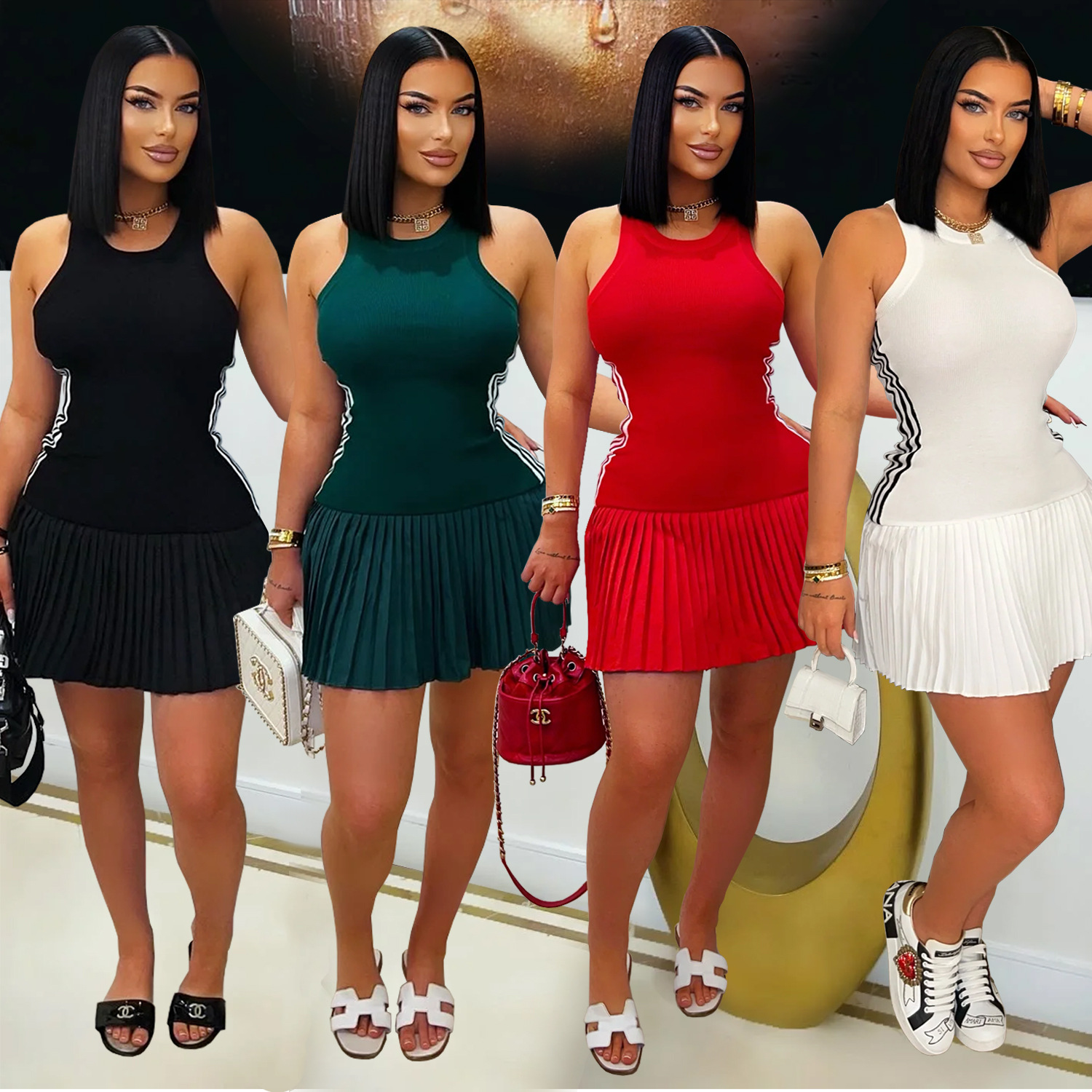 C7320 Vestido Corto Deportivo para Mujer, Estilo Europeo y Americano, Corte Tridimensional, Ajustado, para AliExpress y Amazon
