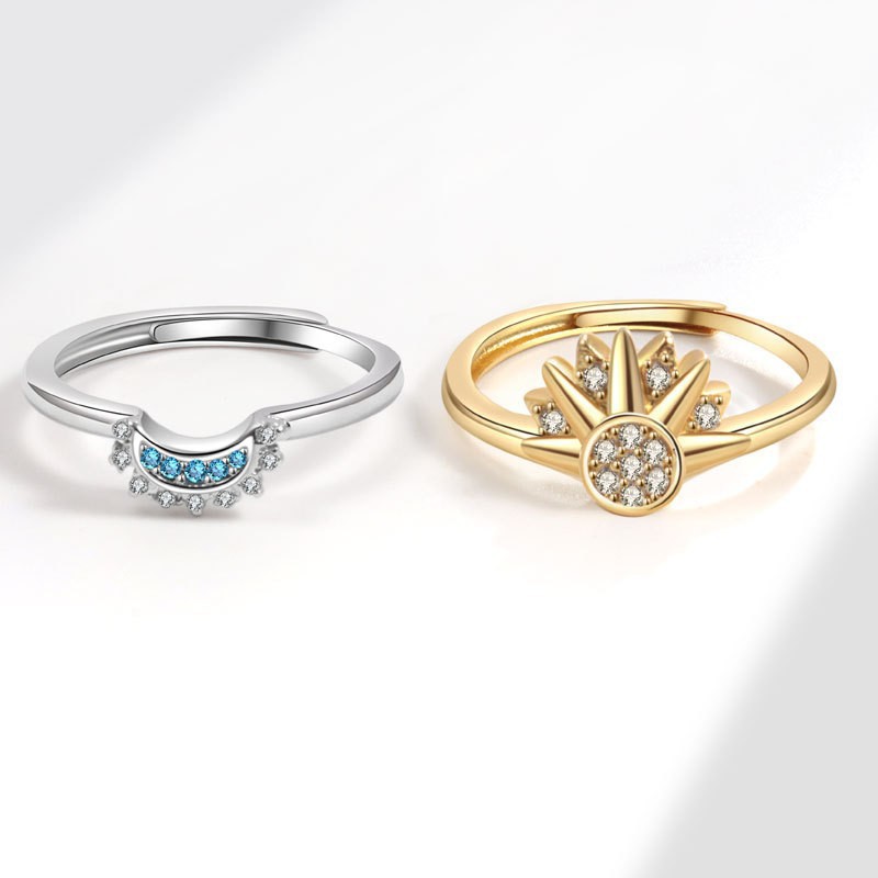 Anello aperto da donna impilabile con sole e luna tempestato di diamanti, in stile europeo-americano, dal design semplice e luminoso._voghion.com