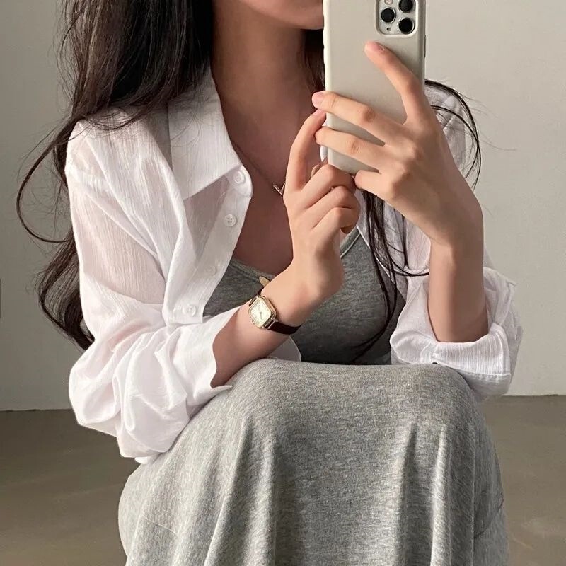 Korean Chic Summer Long-Sleeve Chiffon Sun-Protective Shirt with a Unique Design, Back Tie, and Open-Back Short Blouse for Women