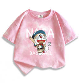 短袖T恤2025新款男童叮当猫机器猫男孩中大童纯棉打底衫扎染上衣