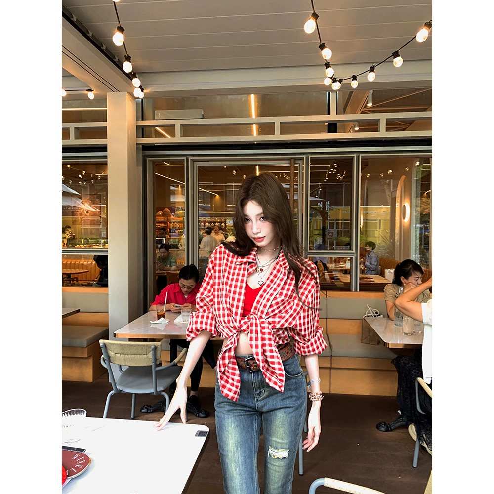 Красная клетчатая рубашка-поло с длинными рукавами, женская летняя солнцезащитная куртка, свободная рубашка на бретелях, элегантный кардиган, топ