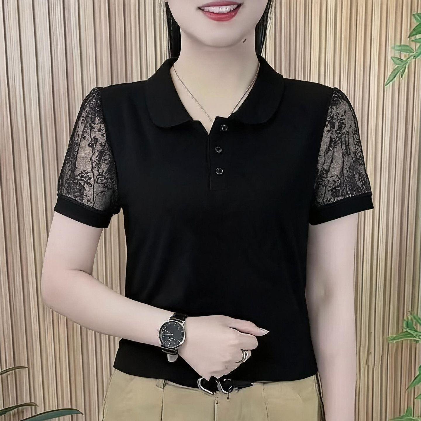 New summer high-end mom's versatile and stylish hollow-out T-shirt, youthful, slimming and chic short-sleeved top for women.