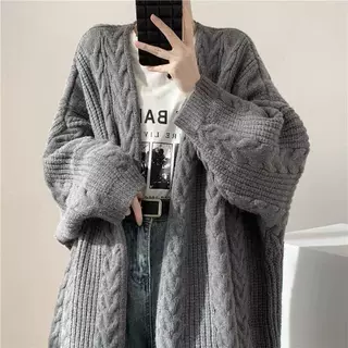 跨境外贸慵懒风秋季新款欧美针织开衫女复古超厚麻花毛衣外套大衣