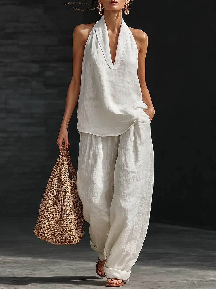 Women's Linen Two-Piece Set Vest And Camisole Office Casual Summer Outfit Breathable Comfort_ecoleips.com
