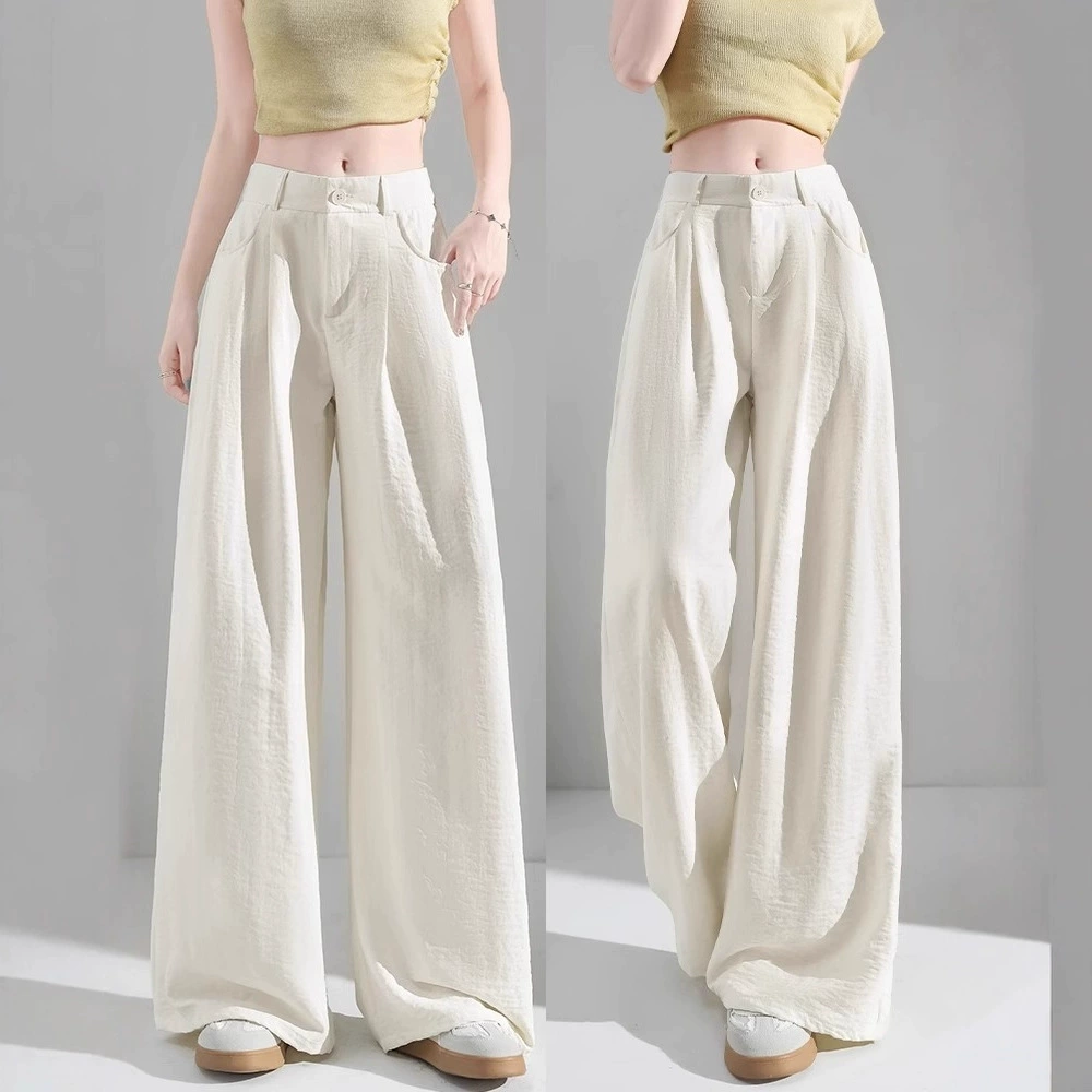 [Готовый запас] Брюки из ледяного шелка с драпировкой молочного цвета Fuji Yamamoto, женские летние тонкие брюки 2025, новый белый костюм с высокой талией и широкими штанинами