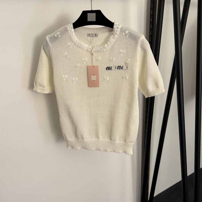 Nanyou High-End Foreign Trade Sweet New Style Logo Letter Heavy Sequin Beading Round Neck Short-Sleeve Knit Top Nanyou High-End Foreign Trade Sweet New Style Logo Letter Heavy Sequin Beading Round Neck Short-Sleeve Knit Top