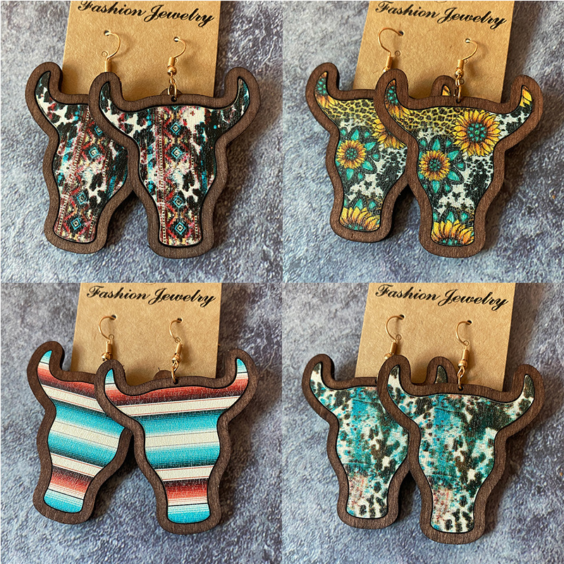 Bull Head Pattern 1 Pair Retro Bull Head Wood Women's Drop Earrings
