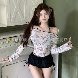 性感辣妹纯欲风可爱KT猫长袖招商分体三件套游泳衣女比基尼BIKINI