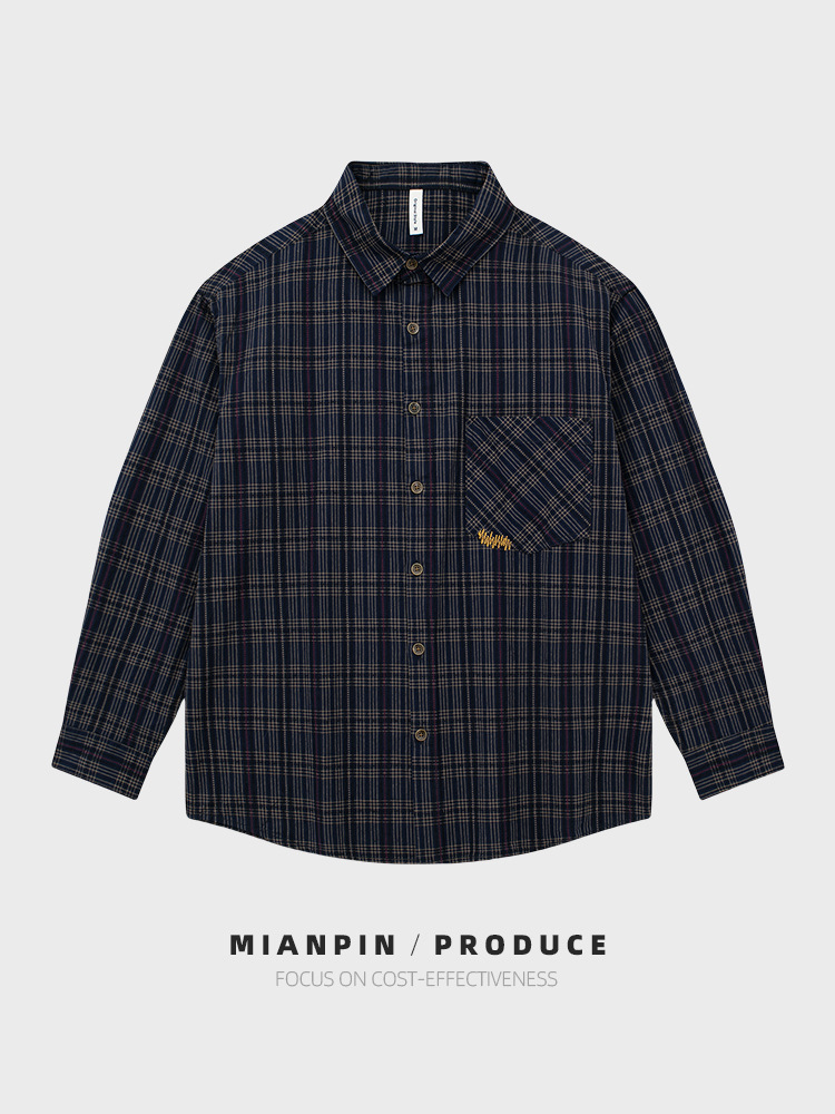 春秋メンズ純綿チェック柄長袖シャツ 日本風レトロ刺繍カジュアルウォッシュドコットンシャツ トレンドD261