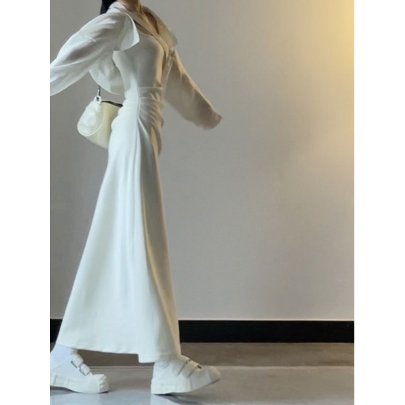 (2개) 디자인 센스 A라인 슬림 플리츠 서스펜더 스커트 2024 여름 신작 허리 슬리밍 젠틀 롱 스커트 자외선 차단 가디건