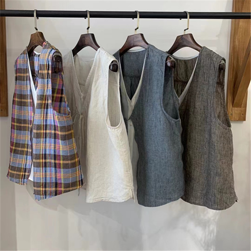 Japanese Style Fake Two-piece Lace-up Single-breasted Linen Vest Women's Summer New Artistic All-match Stacked Sleeveless Top for Women