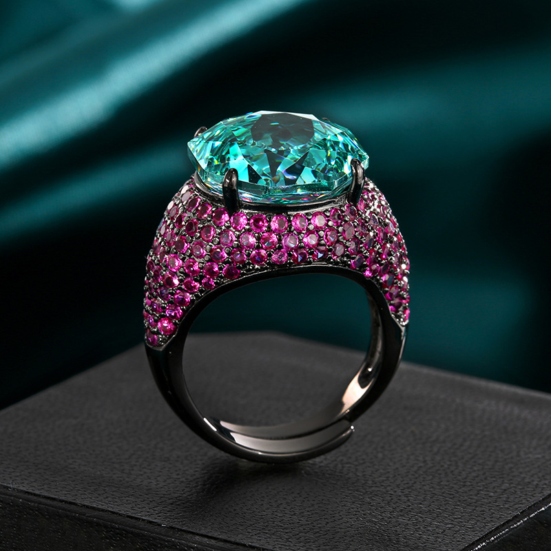 2025 nuevo estilo Zhuang Shengsheng joyería fondo de cobre chapado en oro simulación rosa corte oro negro anillo de personalidad piedra principal 14mm al por mayor