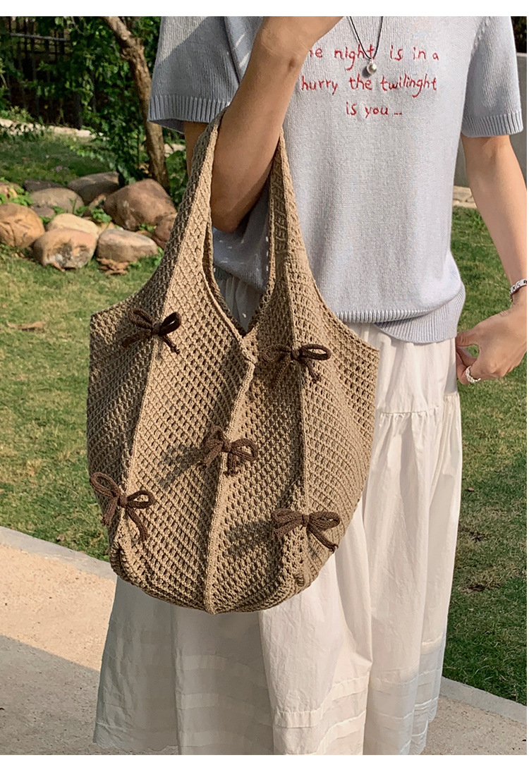 255g Weight Weave Fashion Element Open Closure Type Double Shoulder Straps Strap Type Tote Bag Bags Type Casual, Holiday Occasion Knit Material Bow Knot Pattern Spring&Summer Season Women's Gender Vacation, Beach Style Oval Shape Women's Knit Bow Knot Vacation Beach Weave Oval Open Tote Bag 4
