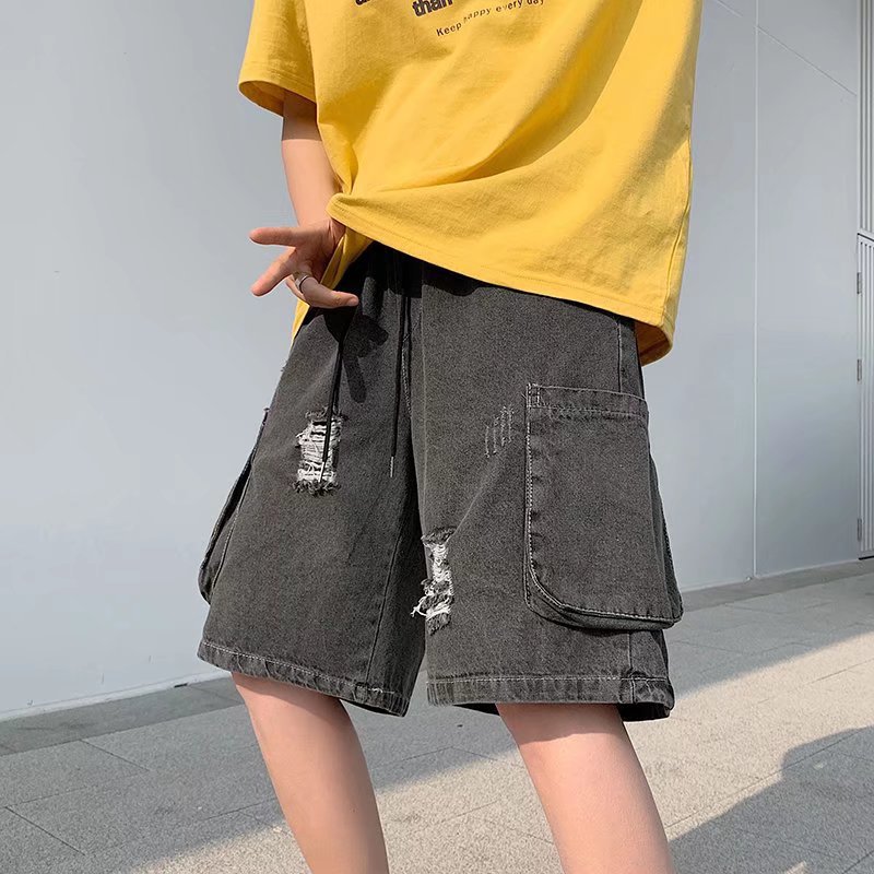 Verano hombre jeans corto coreano suelto super fuego agujero pantalones recto bf estilo de puerto pantalones de moda juvenil