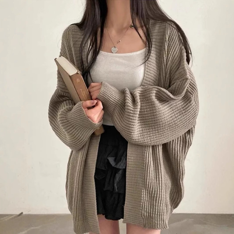 2025新款简约针织开衫纯色慵懒宽松休闲百搭中长款毛衣外套女秋冬|undefined