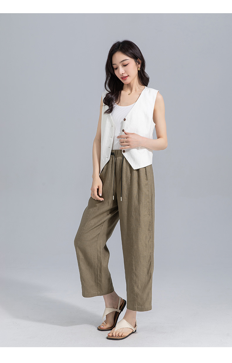 Quần tây nữ ống đứng cạp thun co giãn vải lanh trắng che hông — Màu trắng (bao gồm cả lớp lót) chi tiết 25